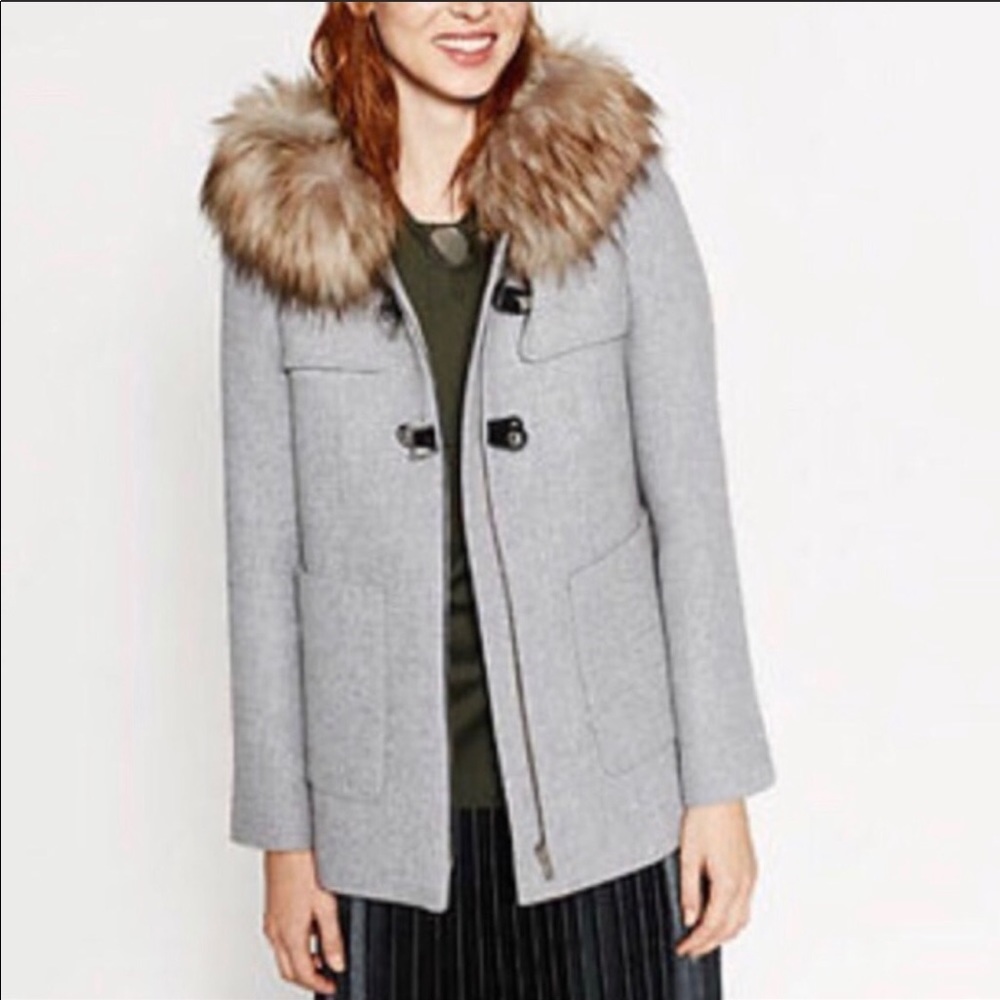 Gray Zara wool faux fur hood coat small